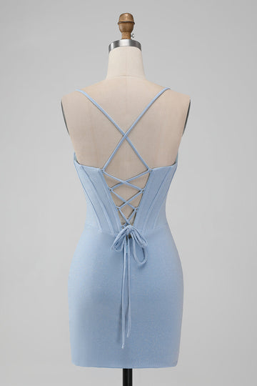 Corsé Bodycon Azul Claro Tirantes Espagueti Vestido Corto De Regreso A Casa